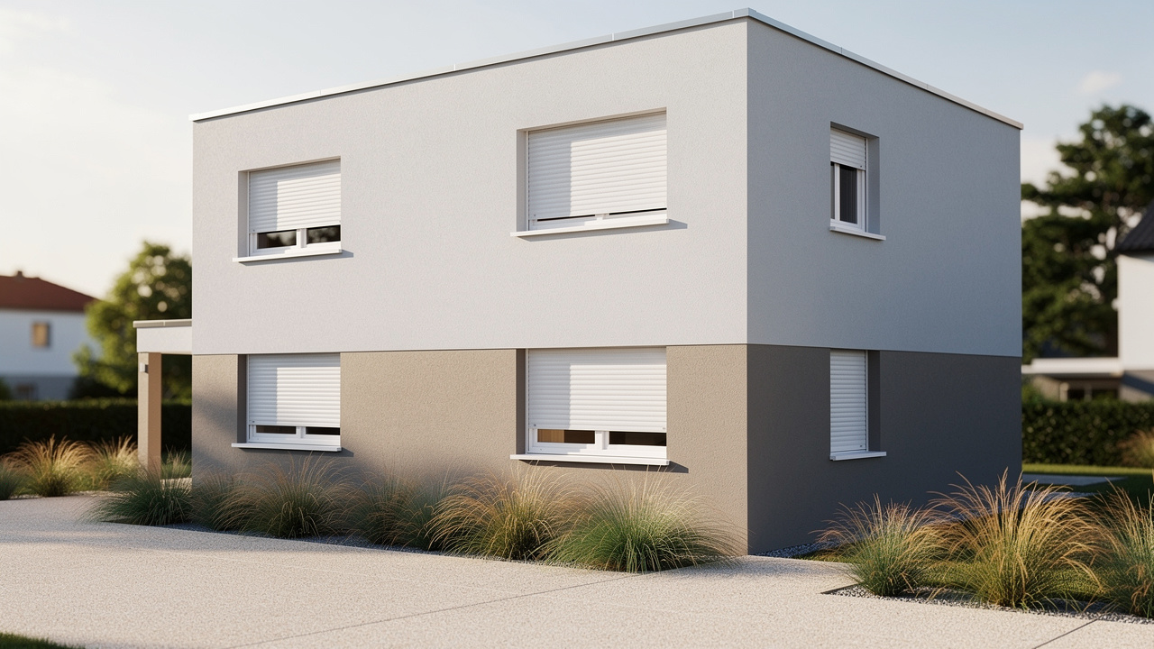 Maison contemporaine à façade gris clair, fenêtres et volets roulants blancs, soubassement taupe, allée minérale et graminées décoratives.