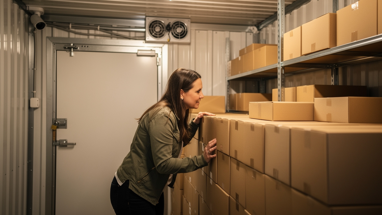 Une femme inspecte un box de stockage sec et ventilé, avec des cartons soigneusement empilés, un cadenas robuste, des étagères métalliques et des éléments de sécurité sous un éclairage doux.